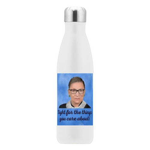 17oz insulated steel bottle personalized with Ruth Bader Ginsburg drawing and "Fight for the things you care about" on blue design
