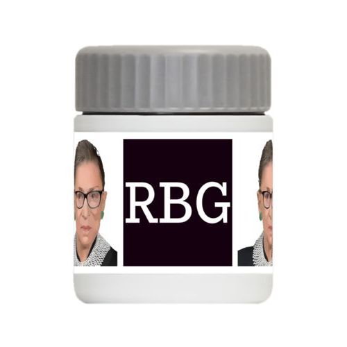 Personalized 12oz food jar personalized with a photo and the saying "RBG" in black and white