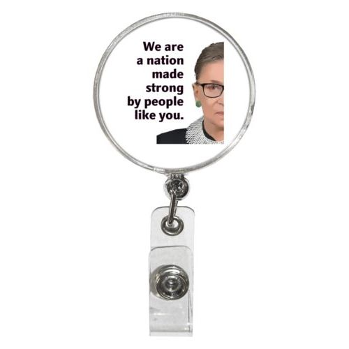 Personalized badge reel personalized with Ruth Bader Ginsburg drawing and "Notorious RGB" on galaxy design