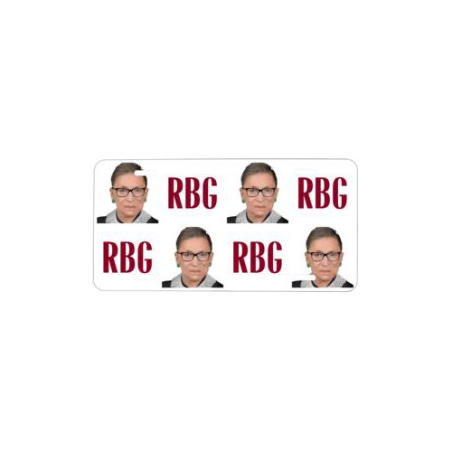 Personalized license plate personalized with a photo and the saying "RBG" in white and maroon