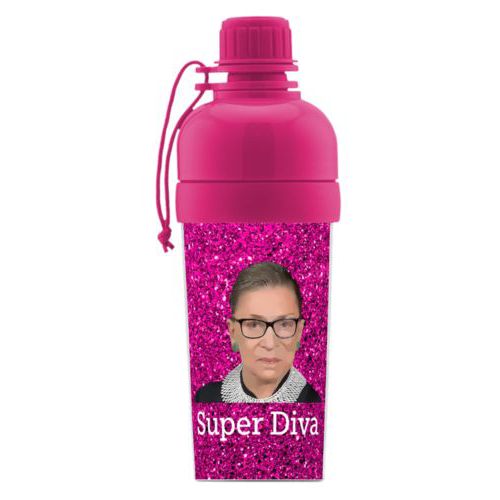 Custom sports bottle personalized with Ruth Bader Ginsburg drawing and "Super Diva" design