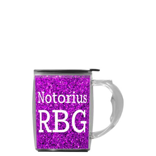Custom mug with handle personalized with fuchsia glitter pattern and the saying "Notorius RBG"