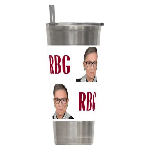 Personalized insulated steel tumbler personalized with a photo and the saying "RBG" in white and maroon