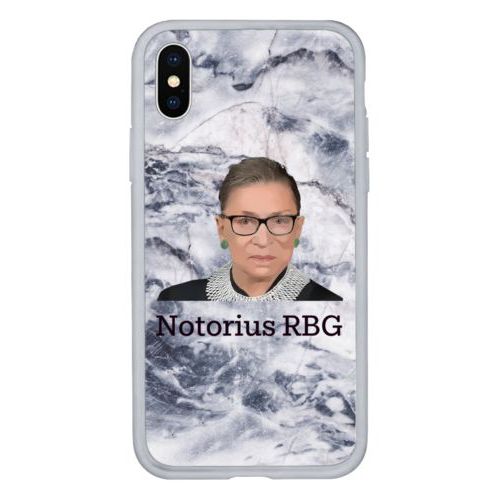 Custom protective phone case personalized with Ruth Bader Ginsburg drawing and "Notorious RGB" on marble design