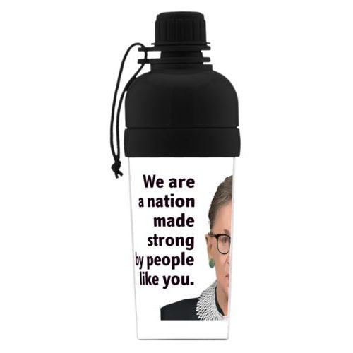 Custom kids water bottle personalized with Ruth Bader Ginsburg drawing and "Notorious RGB" on galaxy design