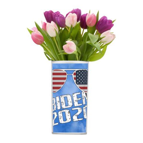 Custom vase personalized with "Biden 2020" sunglasses on blue cloud design