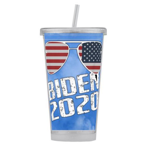 Tumbler personalized with "Biden 2020" sunglasses on blue cloud design