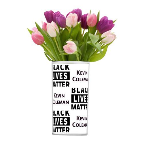 Personalized vase personalized with "Black Lives Matter" and a name black on white tiled design