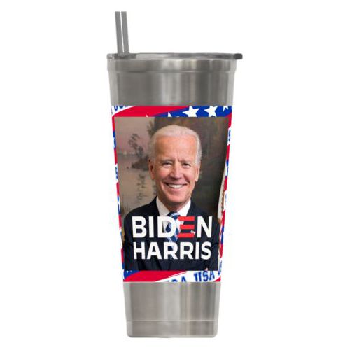 24oz insulated steel tumbler personalized with Biden photo and "Biden Harris" logo on red white and blue design