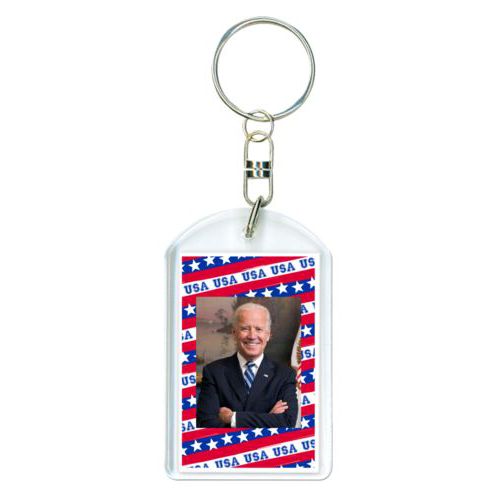 Personalized keychain personalized with Biden photo on red white and blue design