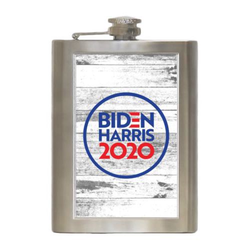 8oz steel flask personalized with "Biden Harris 2020" round logo on wood grain design