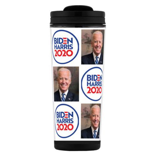 Tall mug personalized with "Biden Harris 2020" round logo and Biden photo tile design
