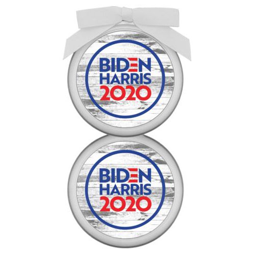 Personalized ornament personalized with "Biden Harris 2020" round logo on wood grain design