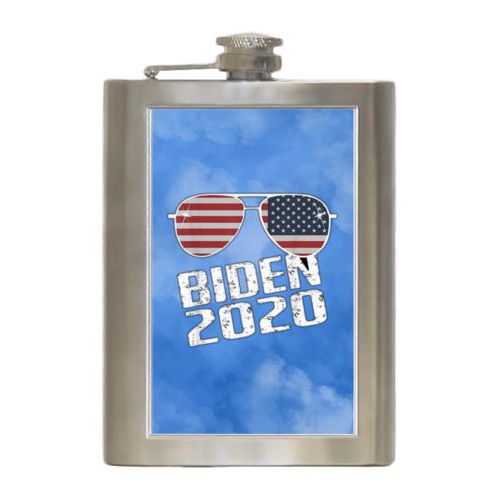 8oz steel flask personalized with "Biden 2020" sunglasses on blue cloud design