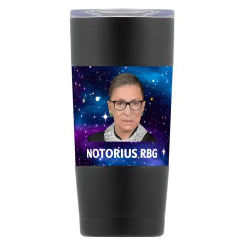 Personalized insulated steel mug personalized with galactic pattern and photo and the saying "NOTORIUS RBG"