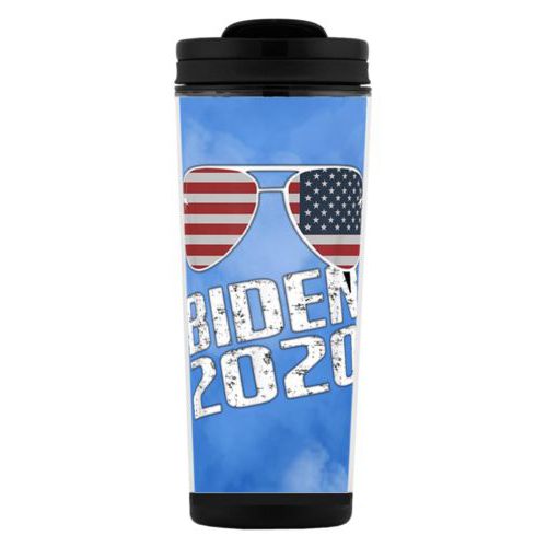 Tall mug personalized with "Biden 2020" sunglasses on blue cloud design
