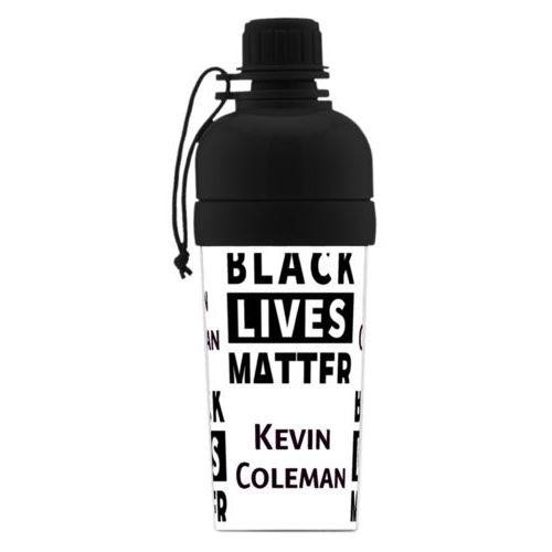 Custom sports bottle personalized with "Black Lives Matter" and a name black on white tiled design