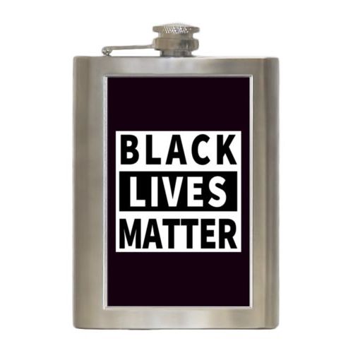 Durable steel flask personalized with "Black Lives Matter" white on black design