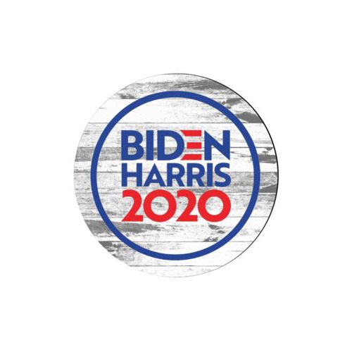 4 inch diameter personalized coaster personalized with "Biden Harris 2020" round logo on wood grain design