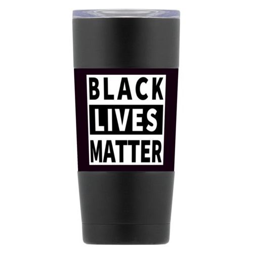 20oz vacuum insulated steel mug personalized with "Black Lives Matter" white on black design