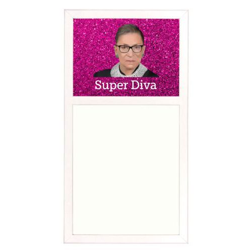 Personalized white board personalized with pink glitter pattern and photo and the saying "Super Diva"