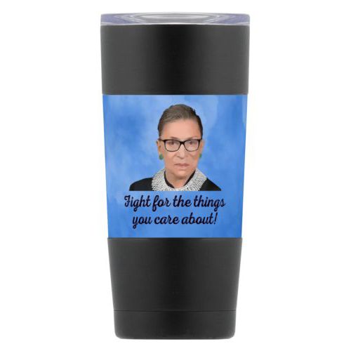 20oz vacuum insulated steel mug personalized with Ruth Bader Ginsburg drawing and "Fight for the things you care about" on blue design