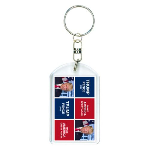Personalized keychain personalized with Trump photo with "Trump Pence 2020" and "Make America Great Again" tiled design