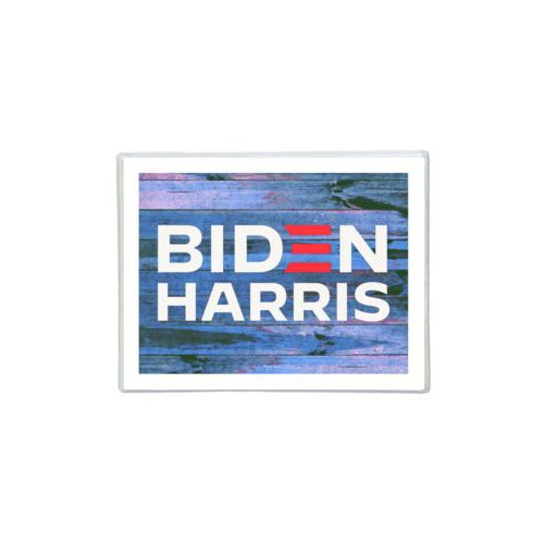 Note cards personalized with "Biden Harris" logo on blue wood design