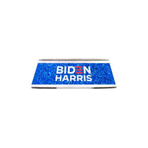 Stainless steel bowl in a melamine outer cover personalized with "Biden Harris" logo on blue design