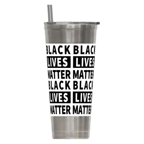 24oz insulated steel tumbler personalized with "Black Lives Matter" black on white tiled design