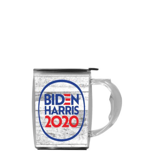 Personalized handle mug personalized with "Biden Harris 2020" round logo on wood grain design