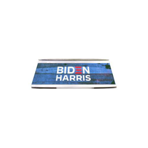 Stainless steel bowl in a melamine outer cover personalized with "Biden Harris" logo on blue wood design