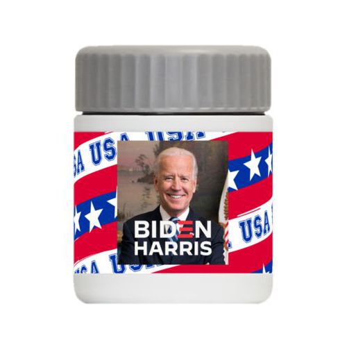 Personalized 12oz food jar personalized with Biden photo and "Biden Harris" logo on red white and blue design
