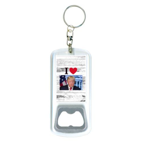 Bottle opener with key ring personalized with "I Love Trump" with photo design