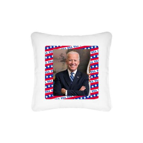 Custom pillow personalized with Biden photo on red white and blue design