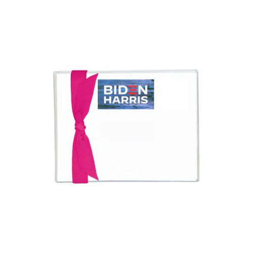 Flat cards personalized with "Biden Harris" logo on blue wood design