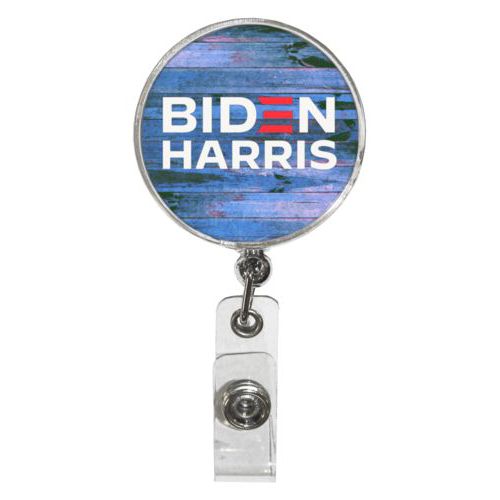 Personalized badge reel personalized with "Biden Harris" logo on blue wood design