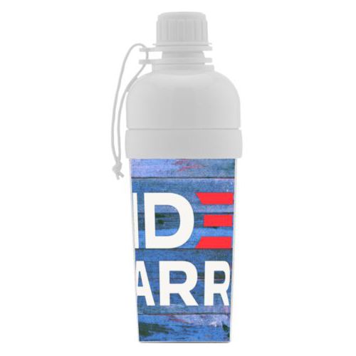 Custom sports bottle personalized with "Biden Harris" logo on blue wood design