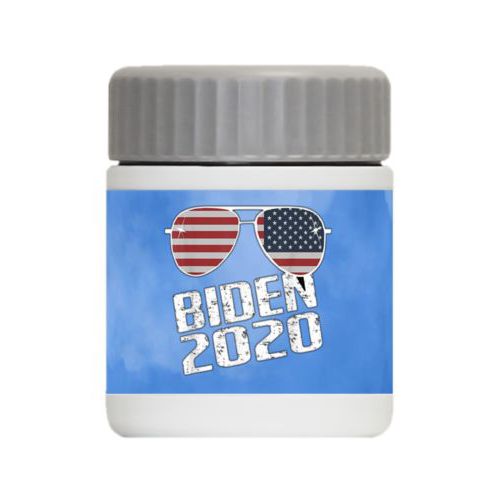Personalized 12oz food jar personalized with "Biden 2020" sunglasses on blue cloud design