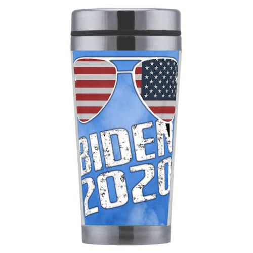 Mug personalized with "Biden 2020" sunglasses on blue cloud design