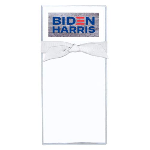 Note sheets personalized with "Biden Harris" logo on wood grain design