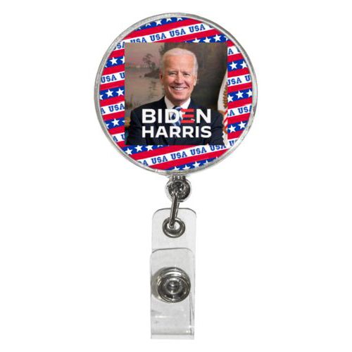 Personalized badge reel personalized with Biden photo and "Biden Harris" logo on red white and blue design