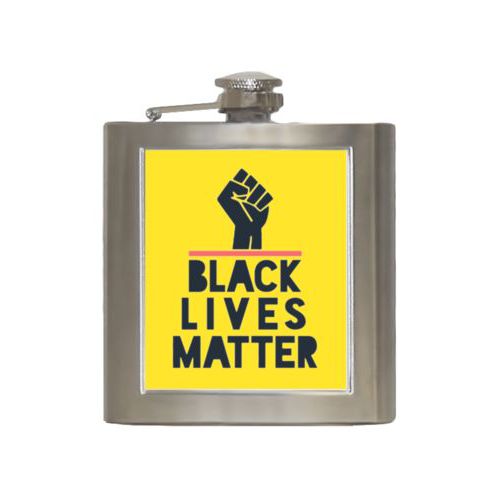 6oz steel flask personalized with "Black Lives Matter" and fist black on yellow design