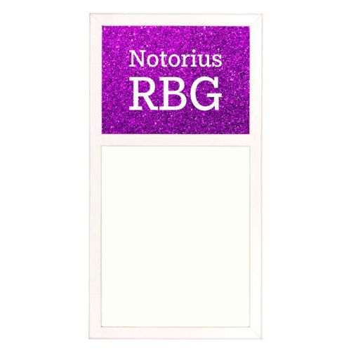 Personalized white board personalized with fuchsia glitter pattern and the saying "Notorius RBG"
