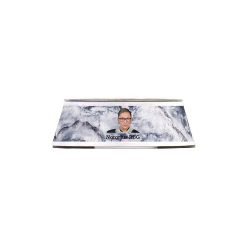 Stainless steel bowl personalized with Ruth Bader Ginsburg drawing and "Notorious RGB" on marble design