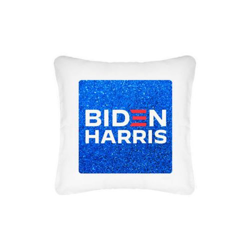 Personalized pillow personalized with "Biden Harris" logo on blue design