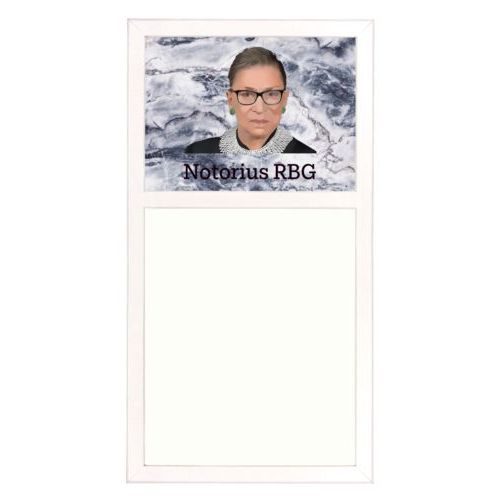Personalized white board personalized with white pattern and photo and the saying "Notorius RBG"