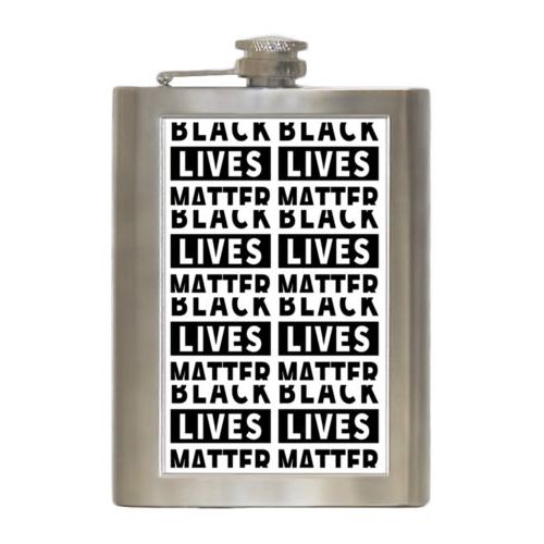 8oz steel flask personalized with "Black Lives Matter" black on white tiled design