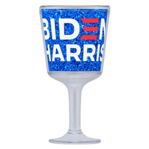 Plastic wine glass personalized with "Biden Harris" logo on blue design