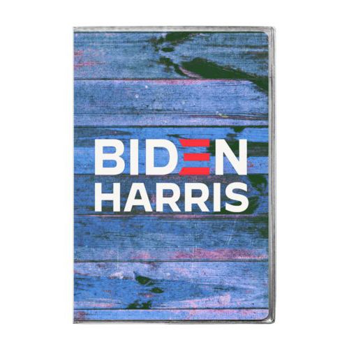 4x6 journal personalized with "Biden Harris" logo on blue wood design
